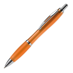 Bolígrafo de plástico transparente con detalles metálicos y tinta azul color naranja transparente