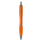 Bolígrafo de plástico transparente con detalles metálicos y tinta azul color naranja transparente cuarta vista