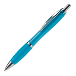 Bolígrafo de plástico transparente con detalles metálicos y tinta azul color azul claro transparente