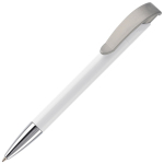 Bolígrafo de plástico en color blanco con detalles en el pulsador color plateado