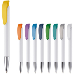 Bolígrafo de plástico en color blanco con detalles en el pulsador