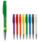 Bolígrafo de plástico transparente a color con punta metalizada