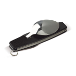 Cuchillo, tenedor, cuchara y abrebotellas cuatro en uno color negro cuarta vista