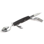 Cuchillo, tenedor, cuchara y abrebotellas cuatro en uno color negro sexta vista