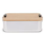 Fiambrera de aluminio con tapa de bambú y cierre metálico color plateado tercera vista