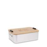 Fiambrera de aluminio con tapa de bambú y cierre metálico vista principal