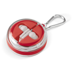 Estuche con mosquetón que incluye auriculares y cable de carga color rojo