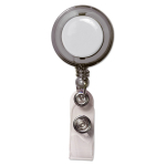 Porta credencial extensible con logo y clip de metal color gris transparente