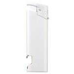 Mechero electrónico 2 en 1 con un abrebotellas en parte inferior color blanco tercera vista