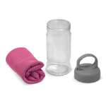 Toalla de 30x90cm presentada en un bote transparente con asa color rosa tercera vista