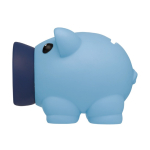 Hucha hecha de material sintético en forma de cerdito color azul claro tercera vista