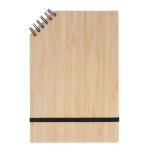 Bloc de notas con logo con tapa de bambú y espiral en una esquina A5 color natural tercera vista