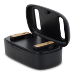 Auriculares inalámbricos en estuche con detalles de aspecto bambú color negro cuarta vista
