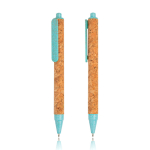 Bolígrafo de fibra de trigo y corcho con pulsador tinta negra color azul claro