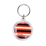 Llavero con forma redonda y cubierta con papeles personalizables color transparente vista de impresión