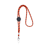 Lanyard tubular rayado sostenible de RPET con mosquetón 3cm color rojo