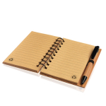 Bloc de notas de bambú con anillas y bolígrafo A6 hojas a rayas color marrón claro vista de impresión
