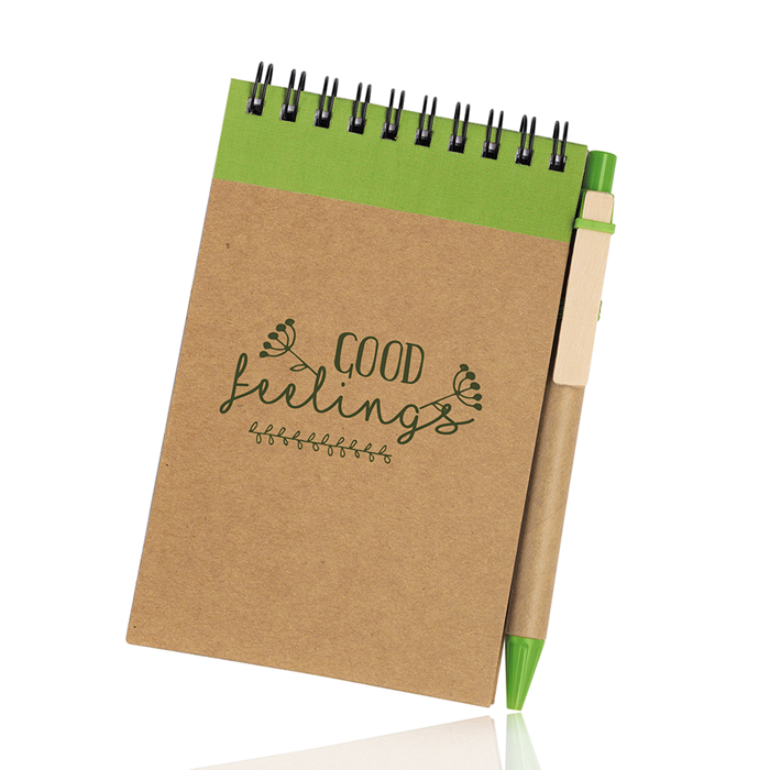 Bloc de notas de cartón con anillas y bolígrafo A6 hojas lisas vista con varios colores