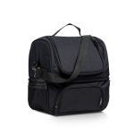 Bolsa térmica hecha de botellas recicladas con correa para hombro color negro vista de impresión