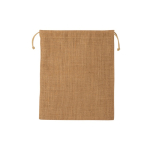 Bolsa pequeña de yute en color natural con dos cuerdas de lazos color marrón claro vista de impresión