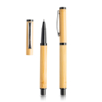 Bolígrafo y roller hechos de bambú con clip y estuche tinta azul color negro