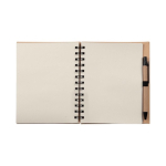 Libreta con bolígrafo de tinta azul y papel reciclado de hojas lisas color natural primera vista