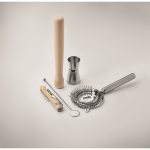 Kit para cóctel con 5 instrumentos claves en una bolsa de algodón color beige vista fotografía