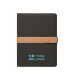 Portafolio de RPET con cierre magnético y páginas rayadas A4 color negro vista de impresión