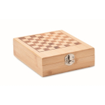 Caja de bambú que incluye juego de ajedrez pequeño y set de vino color madera septima vista