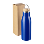Botella de acero inoxidable reciclado con tapón de bambú y asa 500ml color azul tercera vista