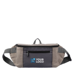 Riñonera tricolor de poliéster con bolsillo frontal y superior color marrón grisáceo vista de impresión