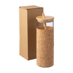 Vaso 450ml de vidrio con funda de corcho y tapa y pajita de bambú color marrón segunda vista