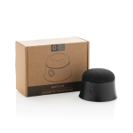 Altavoz magnético de plástico reciclado que hace de soporte para móvil color negro vista con caja