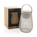 Lámpara de mesa de plástico reciclado con 3 modos de brillo IPX4 color gris vista con caja