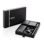 Set de organizador de llaves, llavero y bolígrafo tinta azul color negro vista con caja