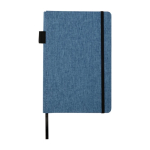 Libreta con tapa de tejido RPET con portabolígrafos A5 hojas a rayas color azul cian segunda vista frontal