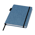 Libreta con tapa de tejido RPET con portabolígrafos A5 hojas a rayas color azul cian