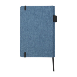 Libreta con tapa de tejido RPET con portabolígrafos A5 hojas a rayas color azul cian segunda vista trasera