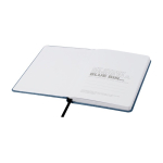 Libreta con tapa de tejido RPET con portabolígrafos A5 hojas a rayas color azul cian cuarta vista