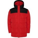 Chaqueta unisex bicolor estilo plumón de poliéster con capucha Roly color rojo