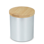 Vela de cera vegetal en tarro de aluminio reciclado metalizado color plateado