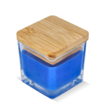Vela de cera vegetal en tarro de cristal con tapa de bambú color azul