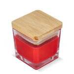 Vela de cera vegetal en tarro de cristal con tapa de bambú color rojo