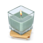 Vela de cera vegetal en tarro de cristal con tapa de bambú color verde oliva segunda vista