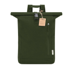 Mochila roll-top personalizada de 100% canvas reciclado con cierre de hebilla color verde primera vista