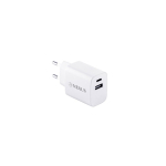 Adaptador de corriente de plástico reciclado con dos puertos USB color blanco imagen con logo