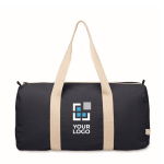 Bolsa de viaje con compartimiento lateral y detalles en color natural color azul marino vista de impresión