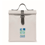 Bolsa nevera rolltop de poliéster con asa y cierre de cuero color blanco vista de impresión
