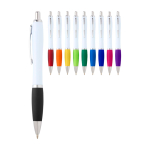 Bolígrafo de plástico reciclado curvo con agarre tinta negra color azul pastel segunda vista varios colores