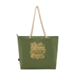 Bolsa de playa de poliéster reciclado con asas de cordón 23L color verde oliva vista trasera con logo
